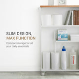 YAMAZAKI Home Slim Rolling Storage Cart – Narrow Bathroom Storage Cabinet with Handle, Slim Bathroom Storage Cart with Wheels, Easy Assembly, Steel + Wood, White YAMAZAKI