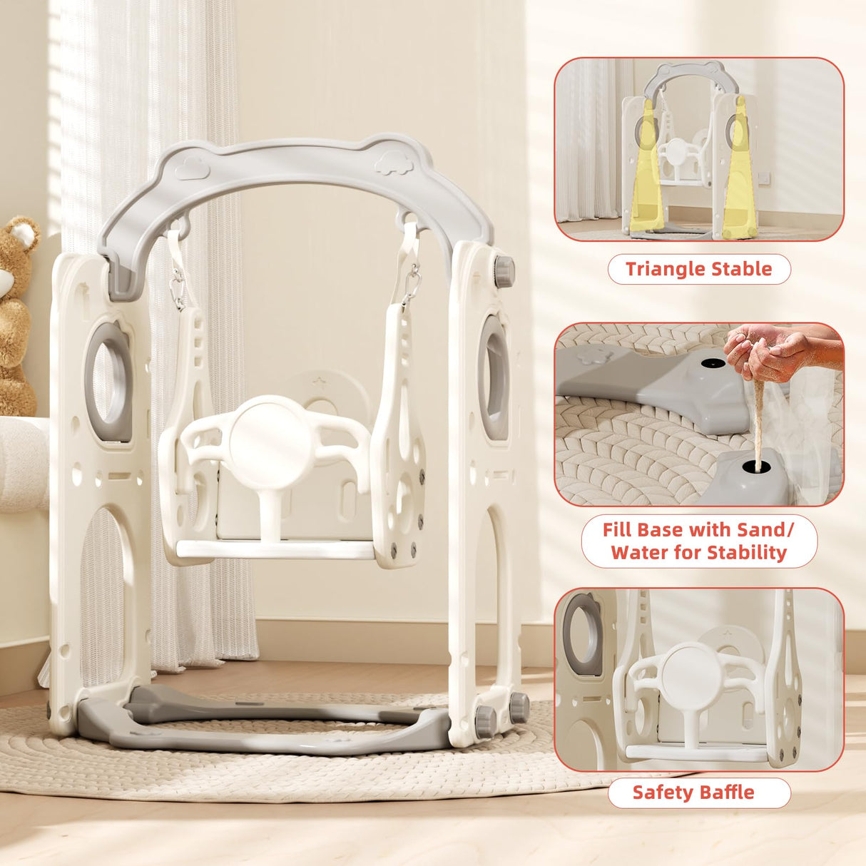 67i Toddler Indoor Playground Slide and Swing Set with Climbing Arch, Golf, Basketball - Outdoor Playset for Toddlers 1-3, Kids Activity Center (Red Blue, with Swing) 67i