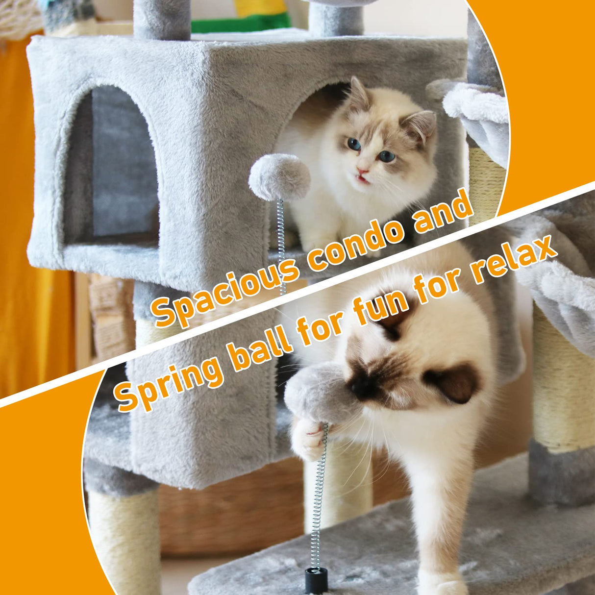 KIYUMI Cat Tree Cat Tower Condo with Sisal Scratching Post for Indoor Cats Cat Tree Cat Furniture with Hammock Perch and Kitten Ball Toys, Multi-Level Pet Activity Center Grey KIYUMI