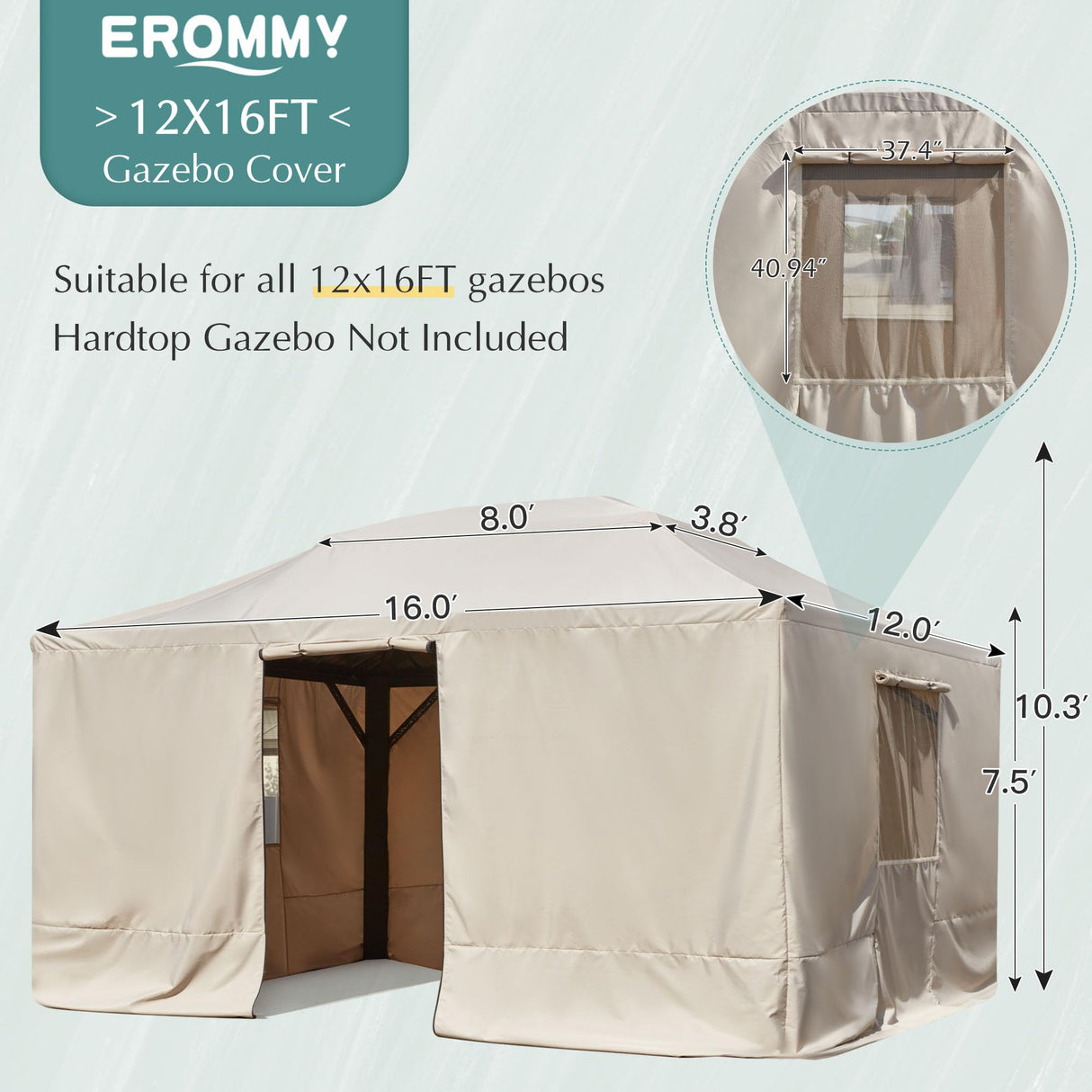 EROMMY Gazebo Cover for 12'x16' Gazebos,Outoor Waterproof Winter Gazebo Cover with Sidewalls and Mesh Windows,Convert Gazebo into a Storage Space,Beige(Gazebo not Included) EROMMY