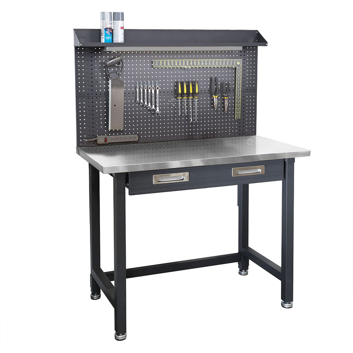 Seville Classics UltraHD Heavy Duty Commercial Lighted Workcenter w/Pegboard, 500 lbs. Weight Capacity for Garage, Warehouse, Workshop, Stainless Steel Top, Graphite, 48" W x 24" D x 65.5" H Seville Classics