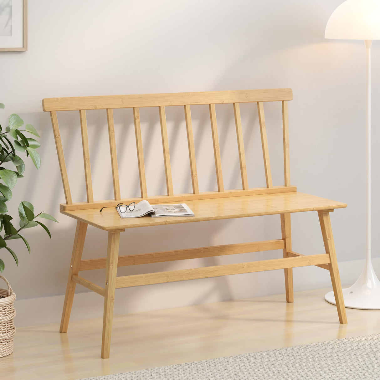 Wisuce Essentials Bamboo Dining Bench, Black Entryway Bench with Spindle Back Farmhouse Wood Windsor for Foyer Balcony Living Room (Nature) (Nature) Wisuce Essentials