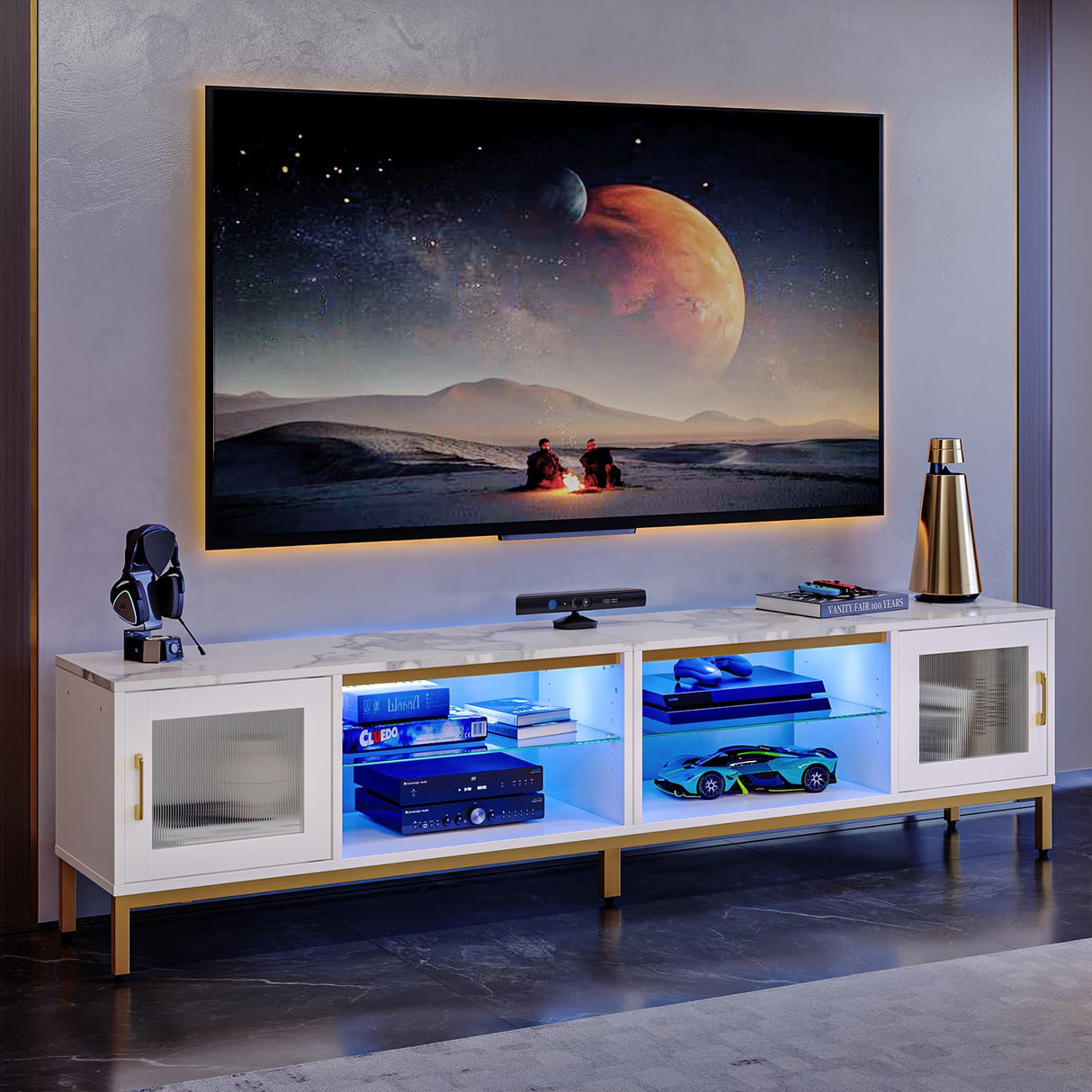 Bestier 80 inch TV Stand for TVs Up to 85", 4 in 1 Entertainment Center with LED Lights, Modern Media Console Table with Storage Cabinet & Adjustable Shelves, for Living Room Bedroom, White Marble Bestier