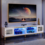 Bestier 80 inch TV Stand for TVs Up to 85", 4 in 1 Entertainment Center with LED Lights, Modern Media Console Table with Storage Cabinet & Adjustable Shelves, for Living Room Bedroom, White Marble Bestier