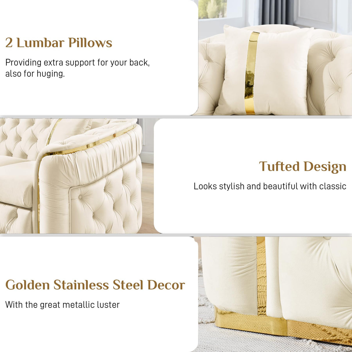 DAMAIFROM Mid Century Modern Chesterfield Sofa Couch, 90.6" Velvet Couch White and Gold Sofa Luxury Loveseat for Living Room, Tufted Sofas with 2 Pillows & Classic Golden Decor, Cream White DAMAIFROM