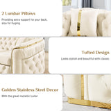 DAMAIFROM Mid Century Modern Chesterfield Sofa Couch, 90.6" Velvet Couch White and Gold Sofa Luxury Loveseat for Living Room, Tufted Sofas with 2 Pillows & Classic Golden Decor, Cream White DAMAIFROM