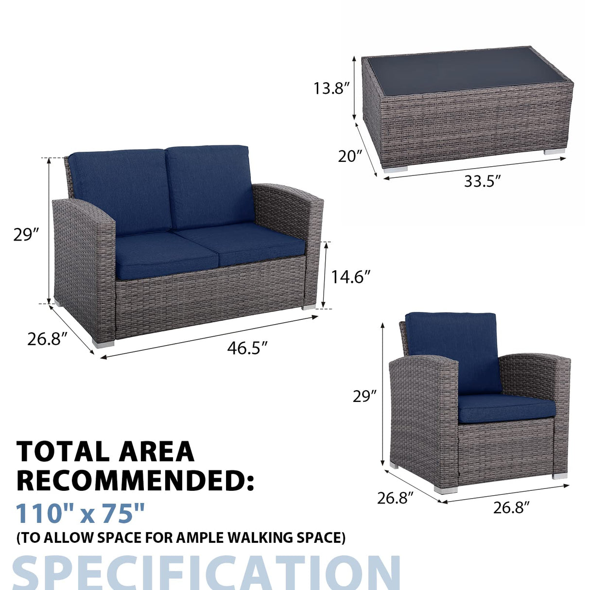JOIVI Patio Furniture Set, 4 Piece Outdoor Patio Conversation Set, All-Weather PE Rattan Wicker Sectional Patio Sofa Set with Tempered Glass Coffee Table for Family Gatherings, Navy Blue JOIVI