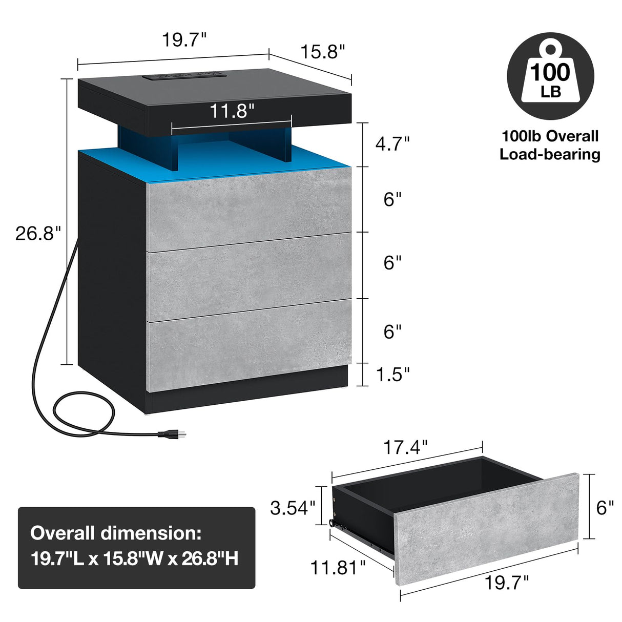 HOMMPA LED Nightstand with Wireless Charging Station & USB Ports, 3 Drawer Night Stand with LED Light RGB Adjustable Brightness, Smart Nightstand High Gloss Bedside Table for Bedroom Gray HOMMPA