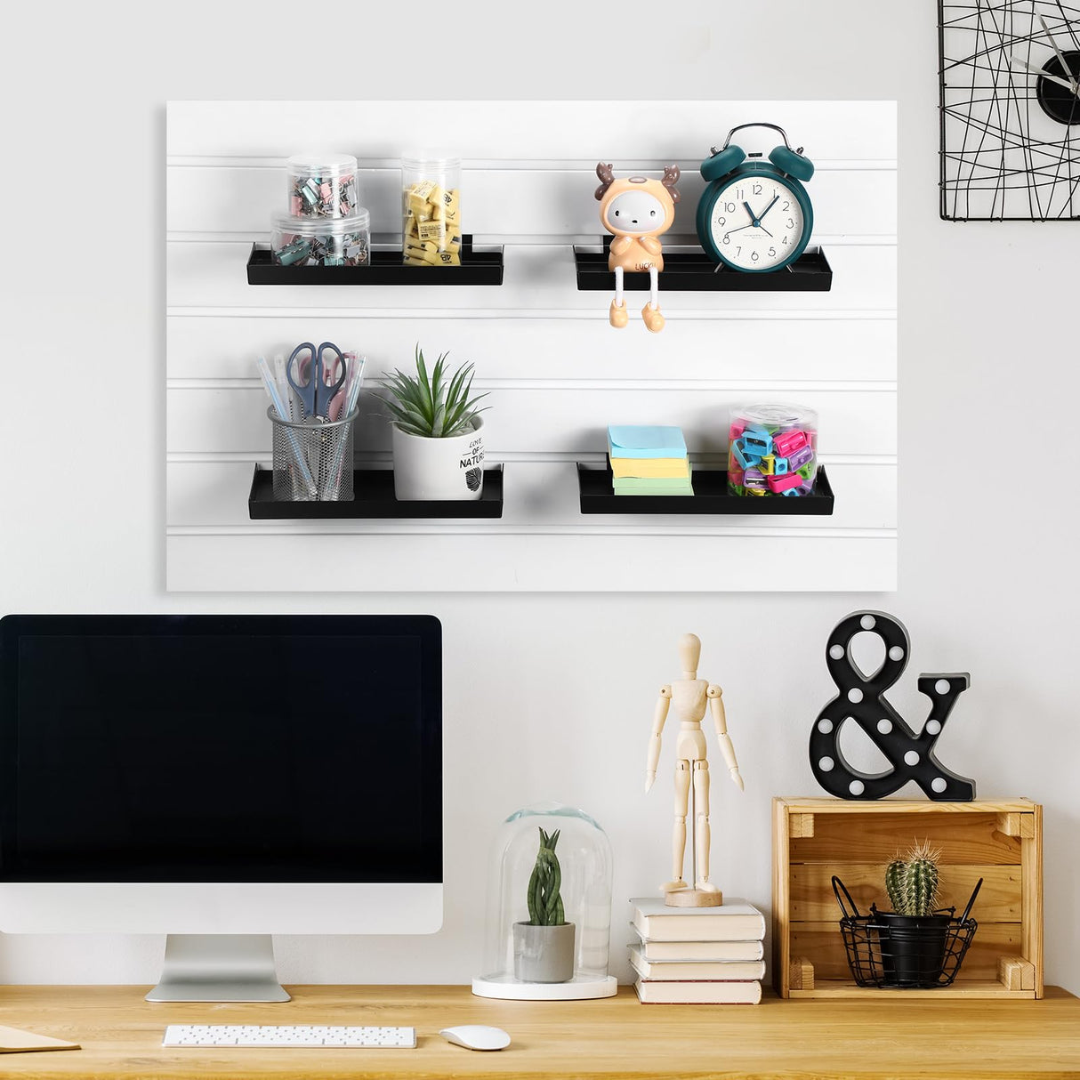 Blulu 4 Pack 10 x 4.3 Inch Slatwall Shelves, Retail Display Shelves Panel Metal Boutique Display Slat Wall Shelf Accessories for Home Shoe Stores Boutiques Storage Shelf Organization(Black) Blulu