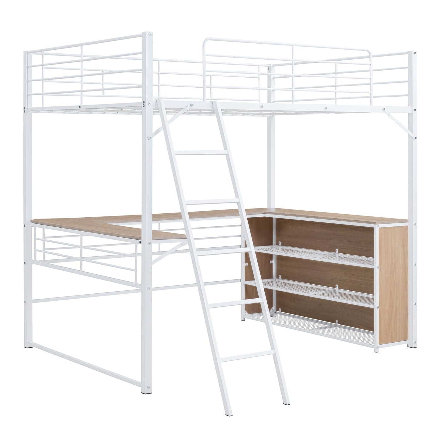 Metal Full Size Loft Bed with L-Shaped Desk,Heavy Duty Loft Bed with 3 Tier Shelves for Kids Teens Adults,Loft Bed Full Size with Storage, High Loft Bed Frame, Space Saving,White