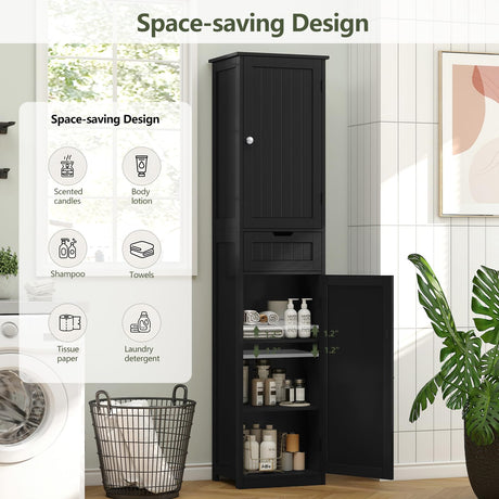 Iwell Tall Bathroom Cabinet, Storage Cabinet with 2 Doors, Narrow Floor Storage Cabinet with Adjustable Shelves for Bathroom, Living Room, Black Iwell