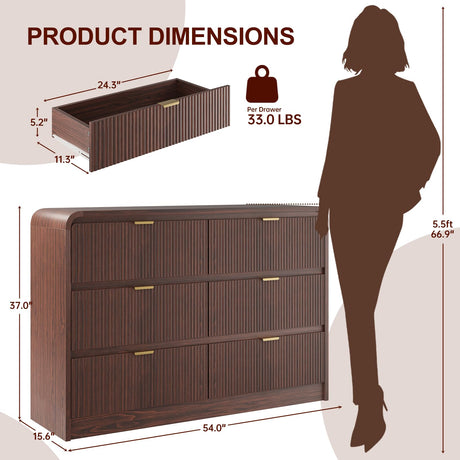 FURSUN Fluted 6 Drawers Dresser for Bedroom, 54" Wide Wooden Dresser with Metal Handle, Curved Profile Design, Modern Storage Organizer for Bedroom, Living Room, Hallway, Walnut FURSUN