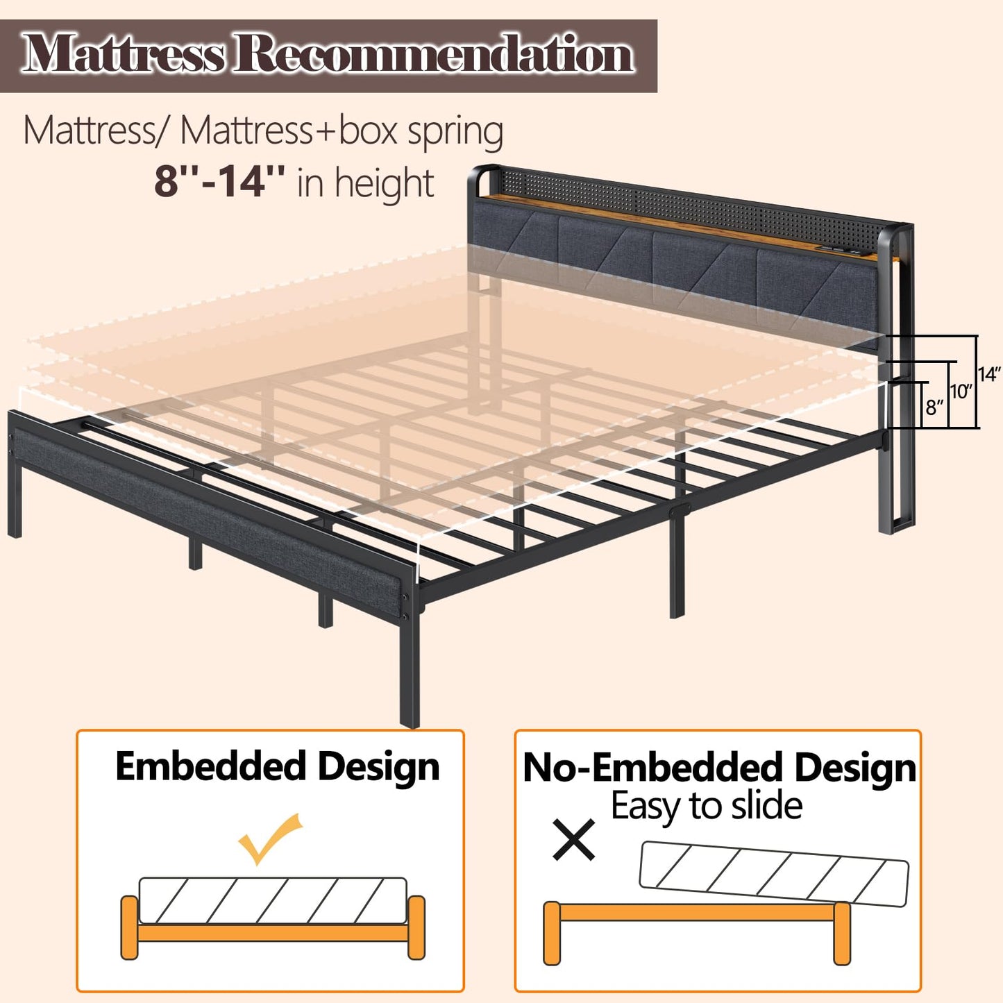 Furnulem Rustic Brown King Bed Frame with LED Light, Charging Station, and Under-Bed Storage - WoodArtSupply