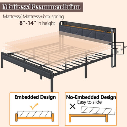 Furnulem Rustic Brown King Bed Frame with LED Light, Charging Station, and Under-Bed Storage - WoodArtSupply