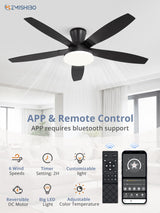 ZMISHIBO 52 inch Ceiling Fans with Lights and Remote/APP Control,Black Low Profile Ceiling Fan with Light,Quiet DC Motor,LED Dimmable, Modern Flush Mount Ceiling Fan for Bedroom Indoor/Outdoor Patio ZMISHIBO