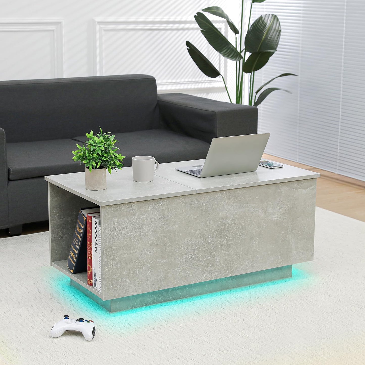 HOMMPA Lift Top Coffee Table with Charging Station Grey Led Coffee Table with Storage Hidden Compartment Modern Coffee Table with Lift Top Center Table with 16 Color LED Light for Living Room - WoodArtSupply