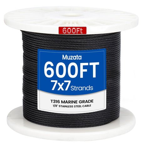 Muzata 600 ft 1/8" Black Stainless Steel Cable Railing System Hardware T316 Stainless Steel Wire Rope 7x7 Strands 1800 lb Breaking Strength Black Cable Railing Kit for Indoor Outdoor WR19 Muzata