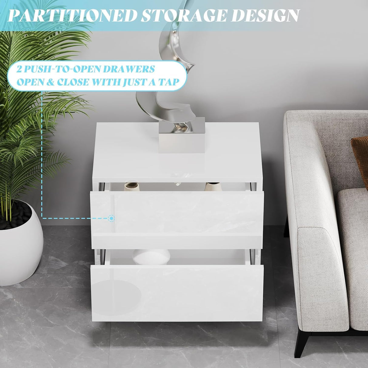 AMERLIFE High Gloss Electroplated Nightstand Set of 2, 24" Modern Minimalist Sofa Side Table with Magnetic Sliding Storage Drawers, Rectangular Simple End Bedside Table for Living Room, White AMERLIFE