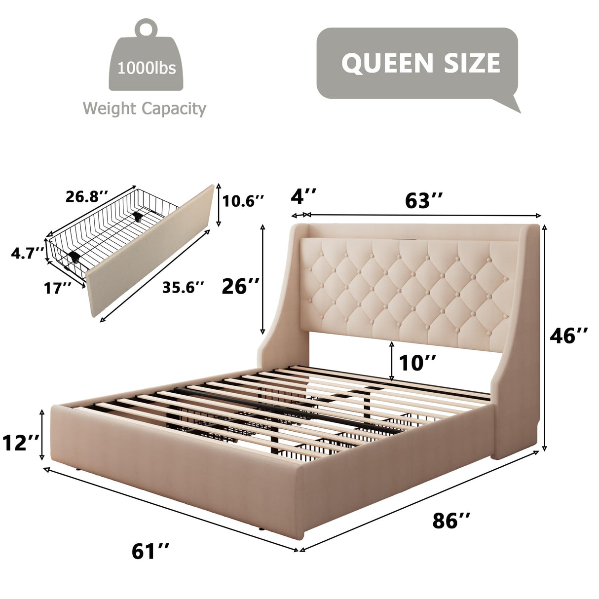 Feonase Upholstered Queen Bed Frame with 4 Storage Drawers, Charging Station and Tufted Wingback Storage Headboard, No Box Spring Needed, Easy Assembly, Beige Feonase