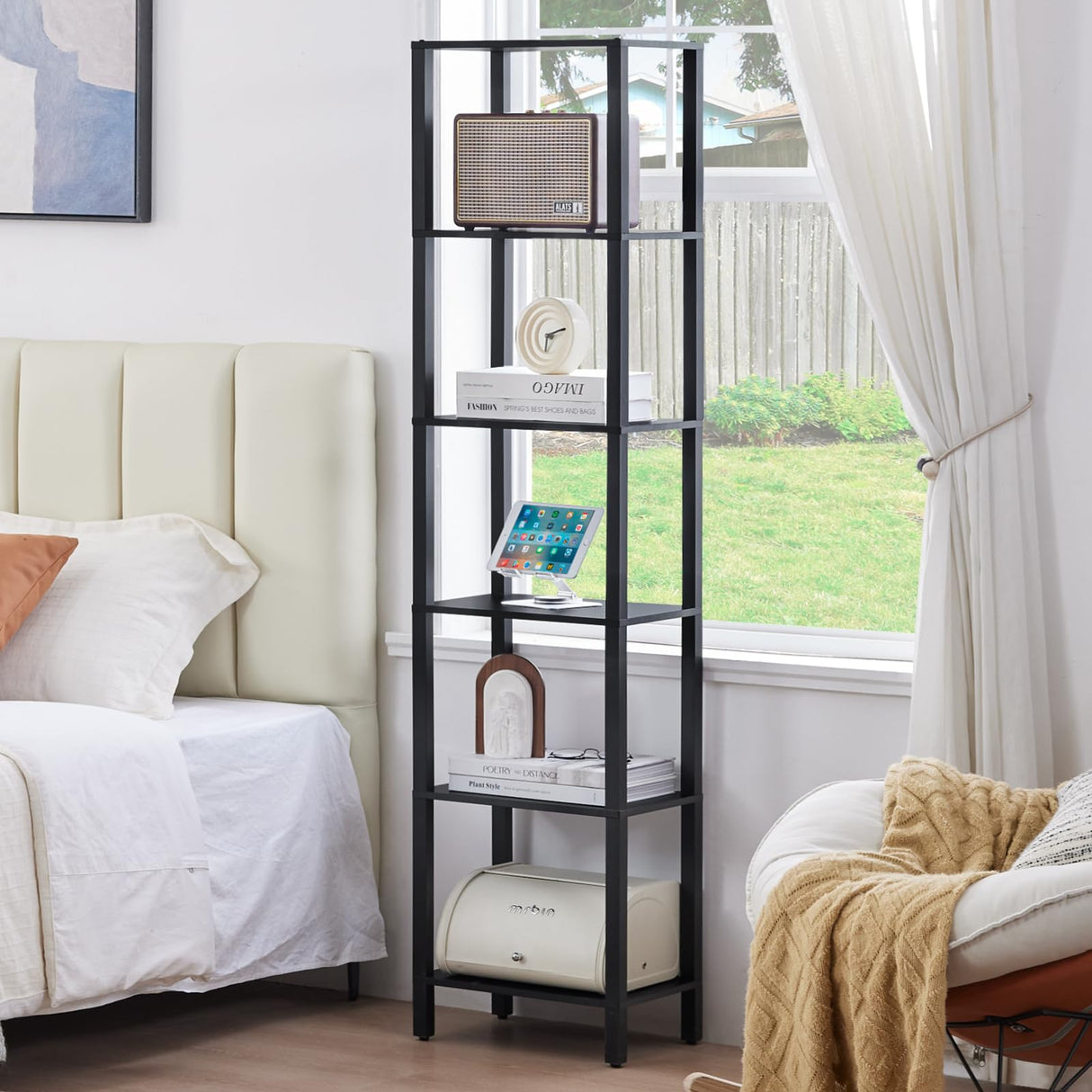 YUFAM 66in Tall Bookshelf 6-Tier Small Narrow Bookcase, Skinny Book Shelf for Small Space, Farmhouse Slim Shelf with Storage, Wood Freestanding Display Thin Bookshelves for Living Room, Office, Black YUFAM