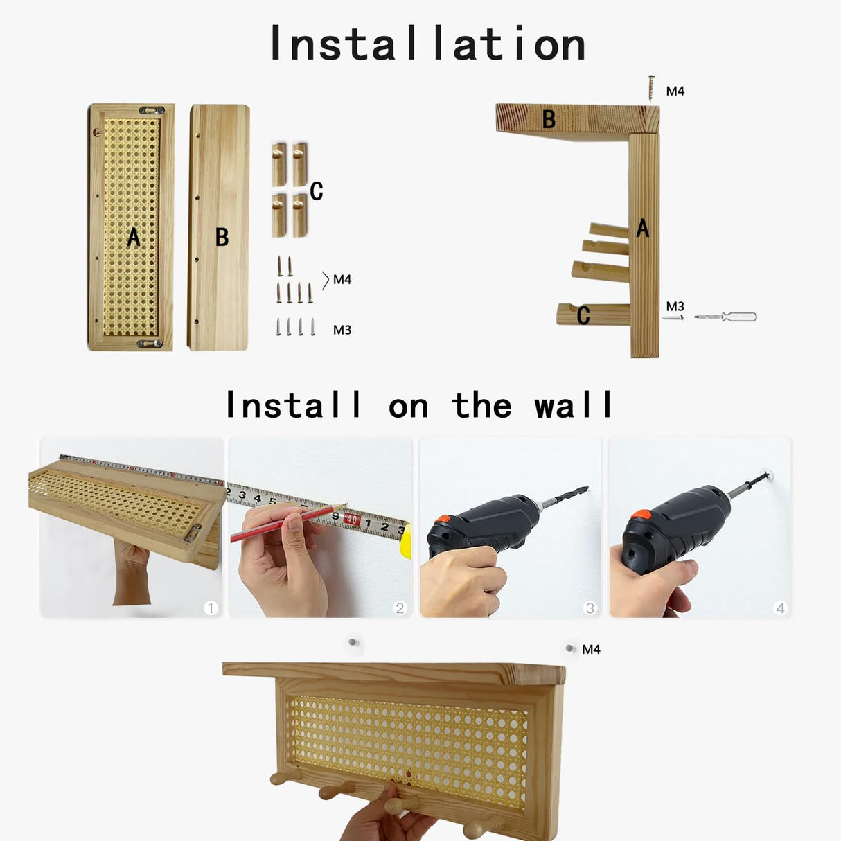 FRIADE PE Rattan Key Holder with 4 Key Hooks,Wall Mounted Decorative Floating Shelf for Entryway,Nursery,Mudroom, Hallway, Office (Retro Brown) FRIADE