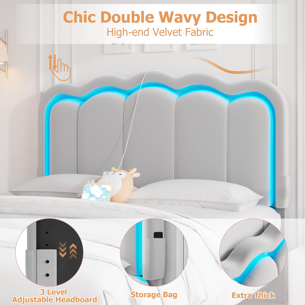 Full Upholstered LED Bed Frame with 2 Storage Drawers and Adjustable Chic Double Wavy Headboard, Velvet Prince Platform Bed with Charing Station, Solid Wood Slats Support,No Box Spring Needed,Grey Jocoevol