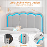 Full Upholstered LED Bed Frame with 2 Storage Drawers and Adjustable Chic Double Wavy Headboard, Velvet Prince Platform Bed with Charing Station, Solid Wood Slats Support,No Box Spring Needed,Grey Jocoevol