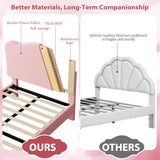 GarveeHome Upholstered Twin Size Bed Frame for Kids with Scallop Headboard, Cute Velvet Twin Bed for Girls, Boys, Sturdy Platform Bed, No Box Spring Needed, Wooden Slats, Noise Free, Pink GarveeHome