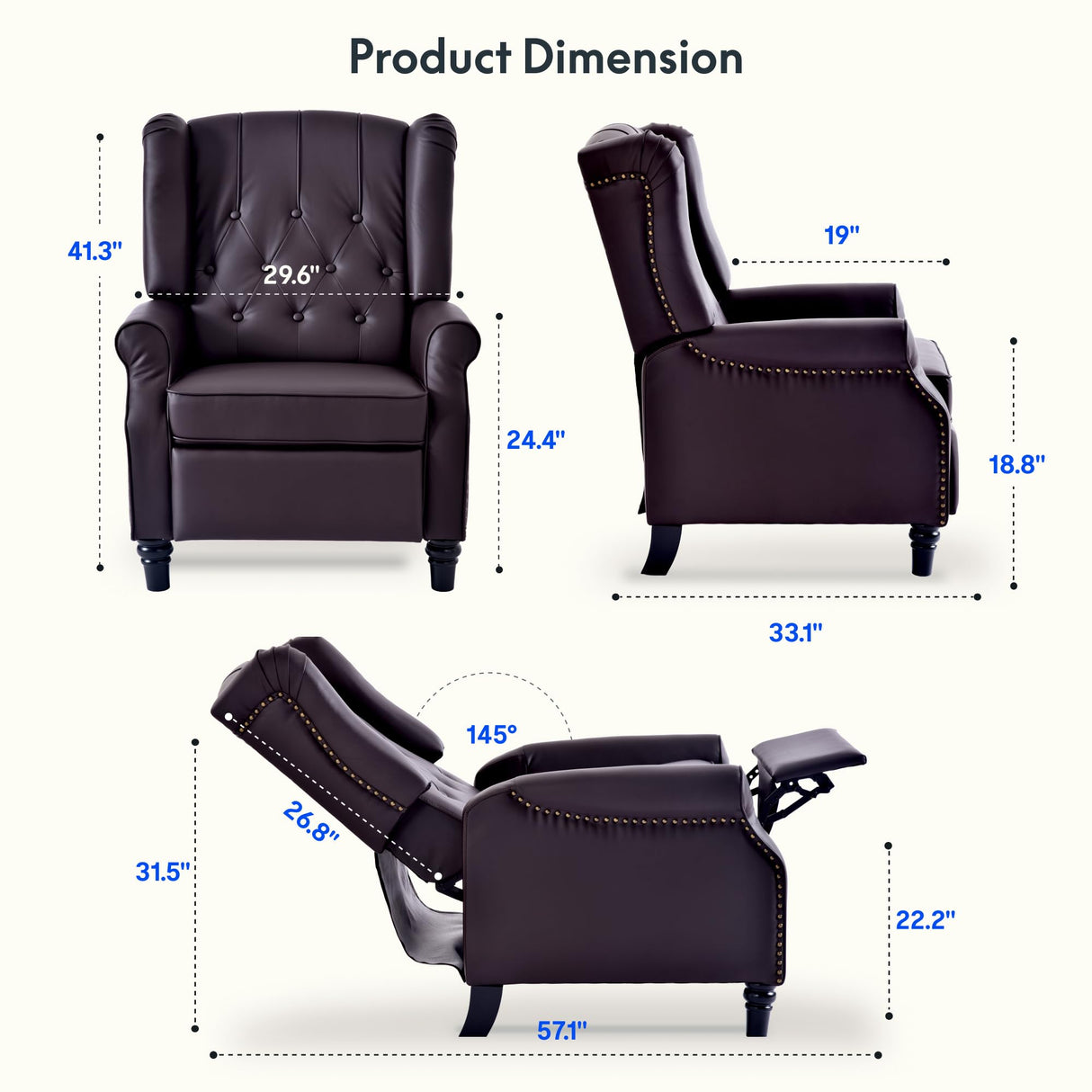 FLEXISPOT XC5 Pushback Recliner Chair for Adults, Mid Century Wingback Accent Chair with Rivet Decoration, Tufted Upholstered Single Sofa Armchair for Living Room, Bedroom, Study (Fabric, White) FLEXISPOT