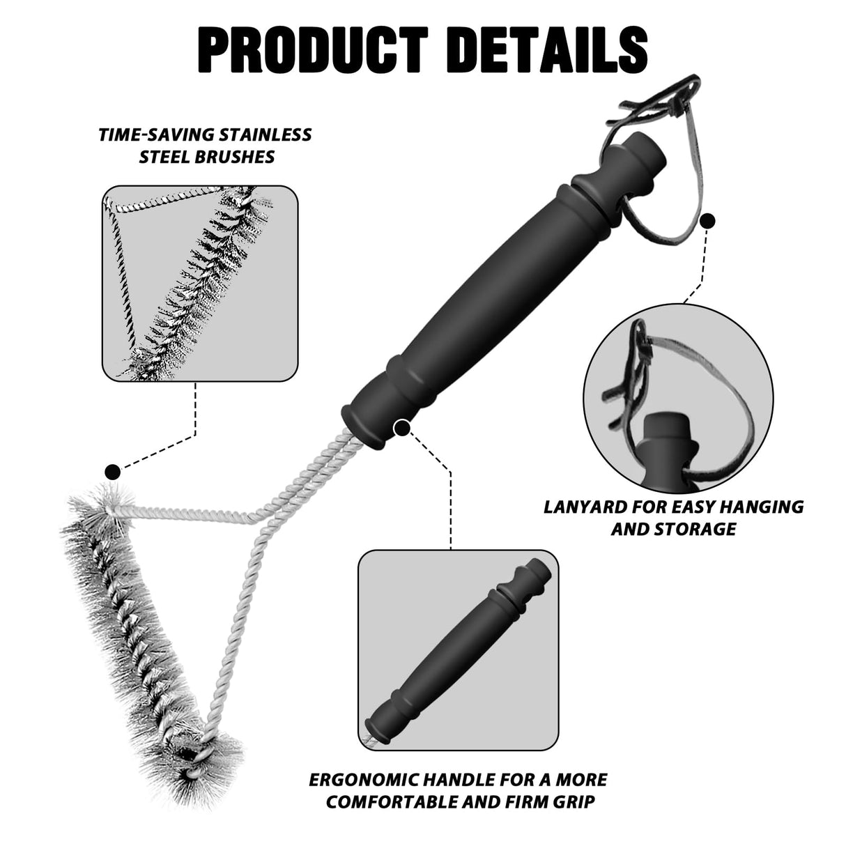 12 in Long Handle Barbecue Brush, BBQ Brush, Stainless Steel Brush Head, Barbecue Cleaning Brush with Lanyard, Suitable for All Kinds of Metal, Porcelain, Infrared Barbecue Grill WAKCHOU