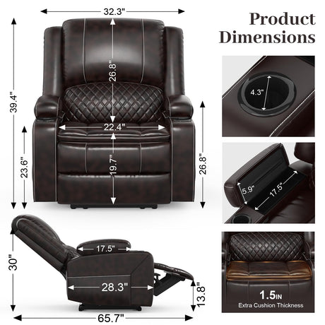 Yolsali Recliner Chairs for Adults, Oversize Manual Reclining Chair with 2-Tier Cushions, Faux Leather Recliner Chair with Hidden Storage Space, Living Room Recliner Chairs with Cup Holders - Brown Yolsali