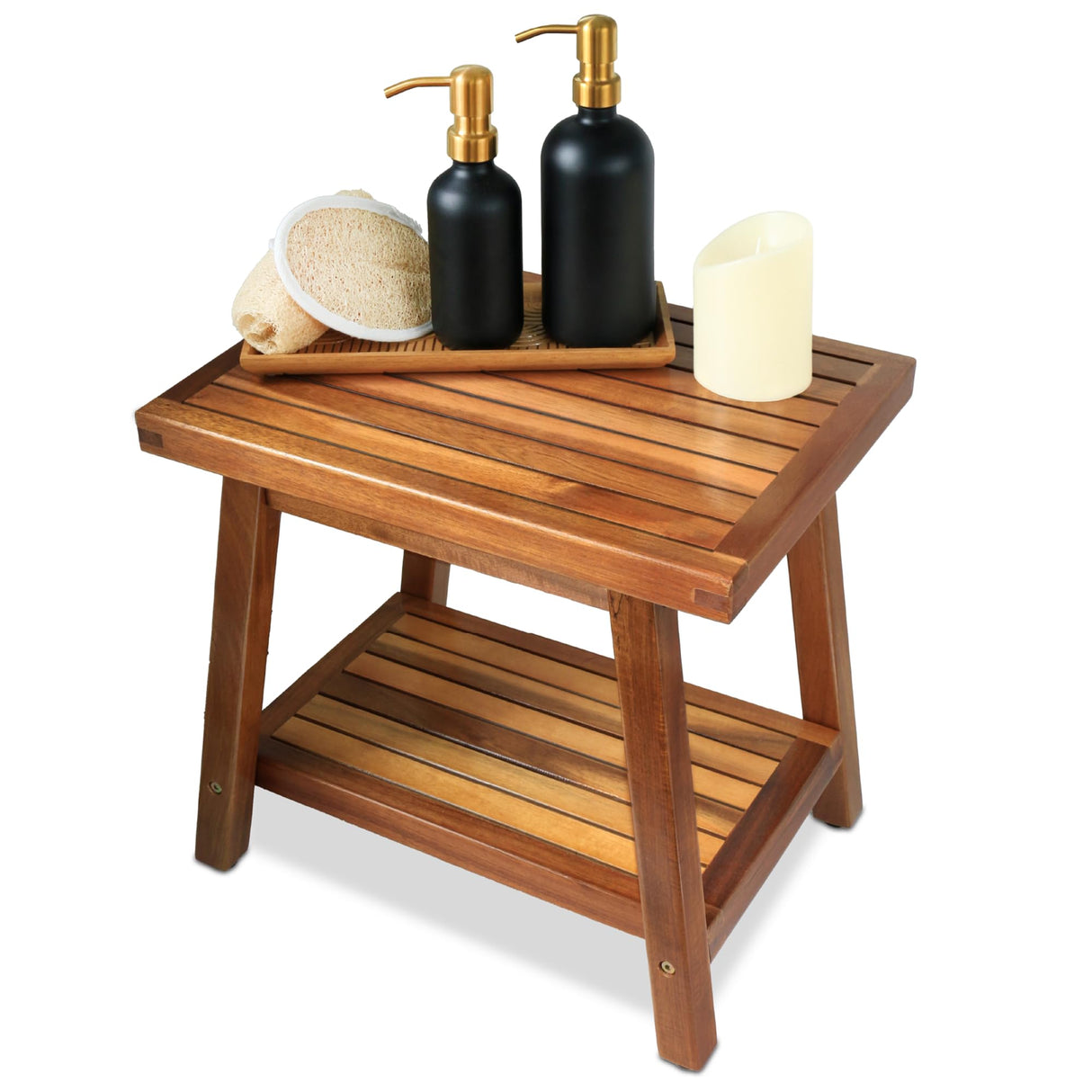 SENSUNIQ Corner Shower Stool 16 in, Brown Sturdy Shower Bench Seat with Storage Shelf - Leg Shaving, Sitting, Towels Holder, Step Foot Rest Shaving Stool - Easy Assemble SENSUNIQ