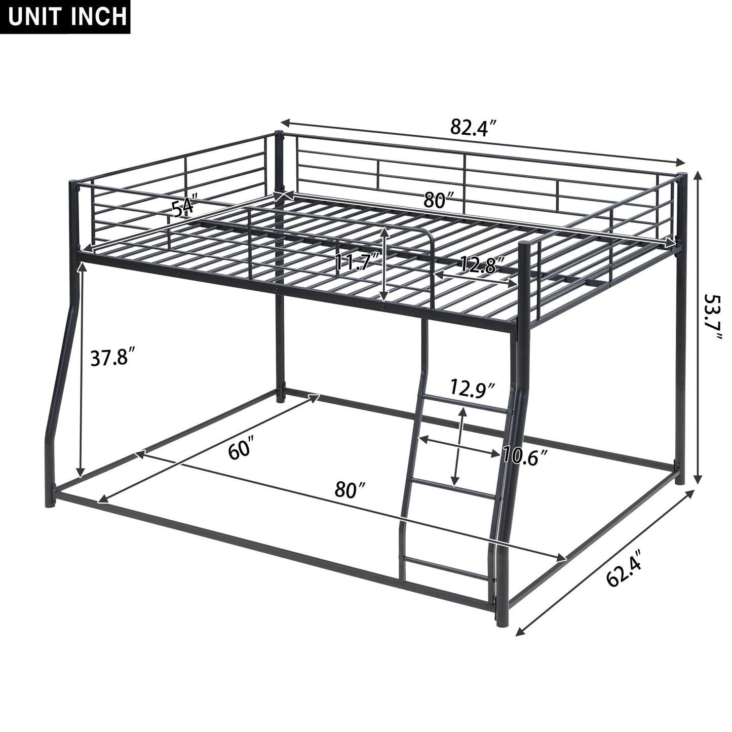 Harper & Bright Designs Metal Bunk Bed Full XL Over Queen Size with Ladder and High Guardrail, Metal Bunk Bed, Storage Space, Noise Free, Black