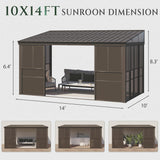 YOLENY 10x14FT Sunroom,Wall Mounted Gazebo Solarium with Front Door, Both Side Entrance, Galvanized Steel Sloping Roof, Moveable PC Screen, Outdoor Permanent Sun Room Lean to Gazebo for Deck Patio YOLENY