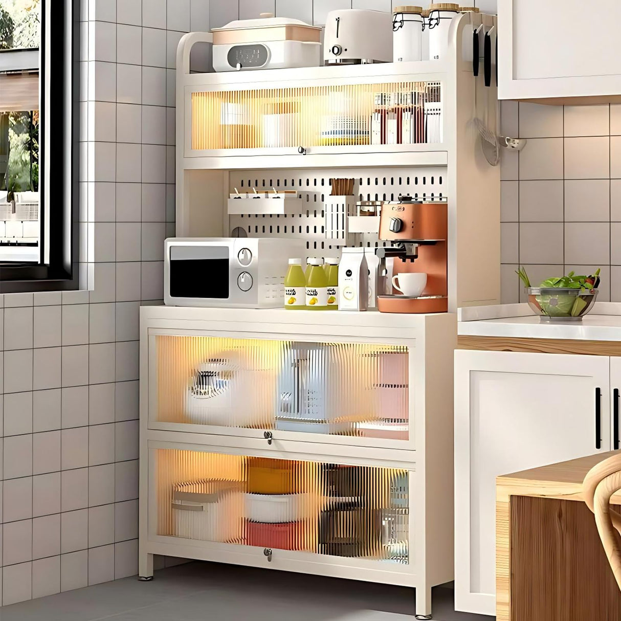 Voclym Bakers Rack with Wheels, 5-Tier Coffee Bar with Wheels, Microwave Stand with Storage, Kitchen Shelves for Kitchen Pantry, Storage Room, White Voclym