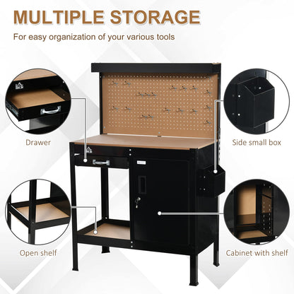 HOMCOM Multipurpose Workbench, Workshop Tool Table with Slide Drawer. Peg Board, Storage Cabinet with Keys - WoodArtSupply