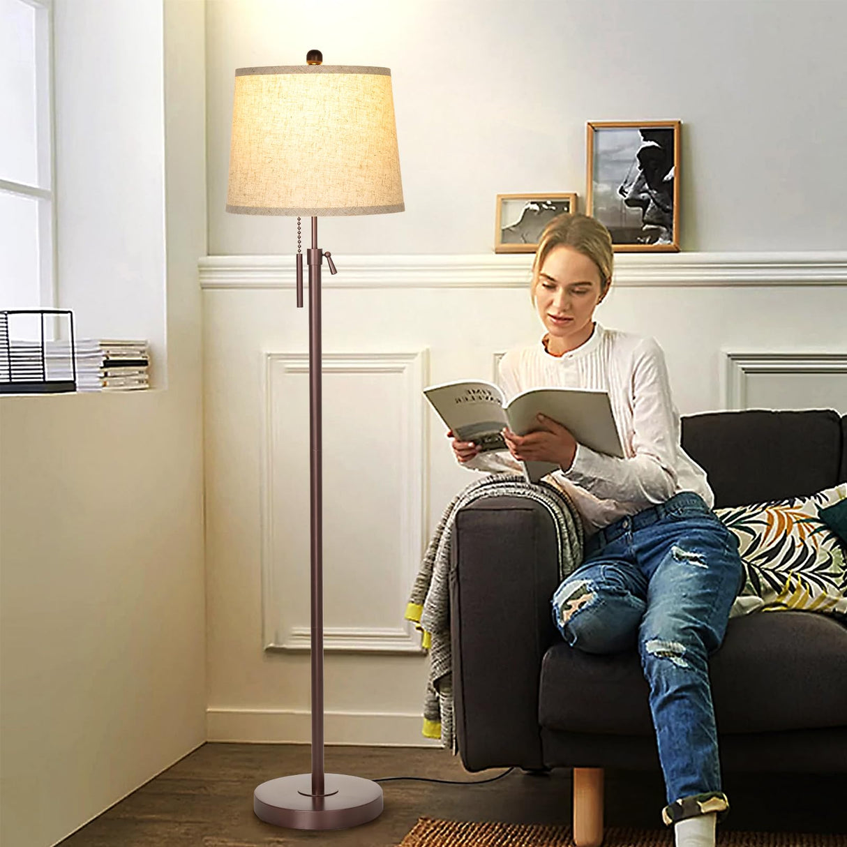 JUNNAI Modern Floor Lamp Adjustable Height Standing Lamp Tall Lamp with 3 Color Temperatures Floor Lamps for Living Room Bedroom Office Beige Shade Bulb Included-Brown JUNNAI