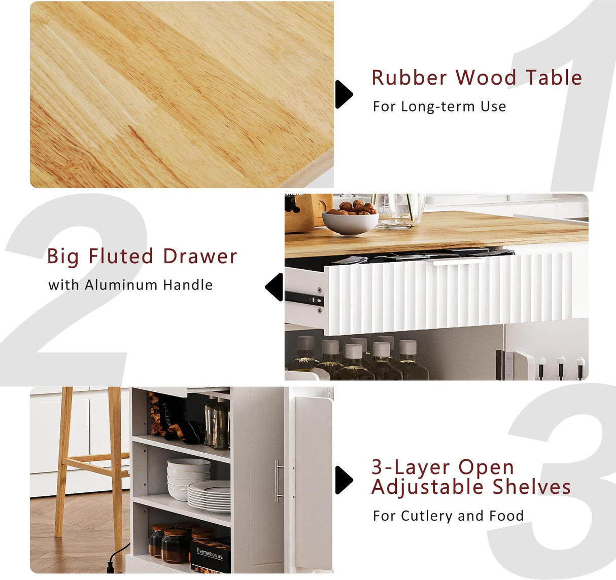 BestLM Fluted Kitchen Island with Trash Can Storage Cabinet, Power Outlet, Internal Storage Rack, Rolling Kitchen Islands on 5 Wheels with 3 Drawer, 3 Open Side Racks for 10 Gallon Garbage Bin, White BestLM