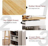 BestLM Fluted Kitchen Island with Trash Can Storage Cabinet, Power Outlet, Internal Storage Rack, Rolling Kitchen Islands on 5 Wheels with 3 Drawer, 3 Open Side Racks for 10 Gallon Garbage Bin, White BestLM