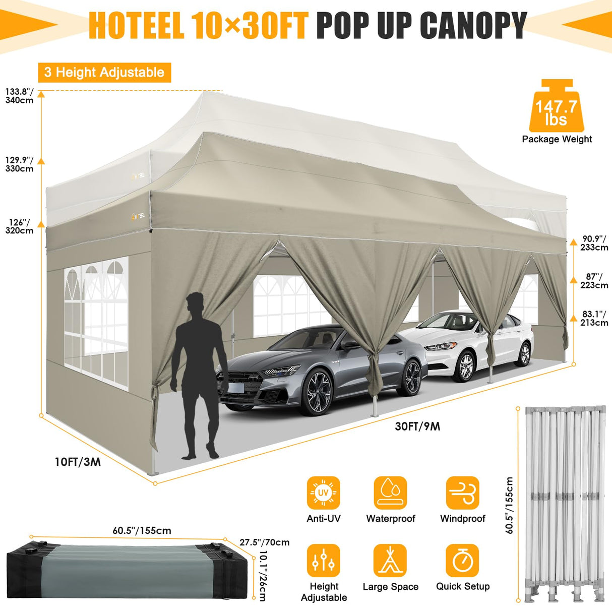 HOTEEL Tents for Parties 10x30 Pop Up Canopy Tent Heavy Duty with 8 Sidewalls, Commercial Party Tent Event Wedding Instant Canopy Waterproof with Carry Bag, UV 50+, Thicked Hexagonal Legs, Khaki Hoteel