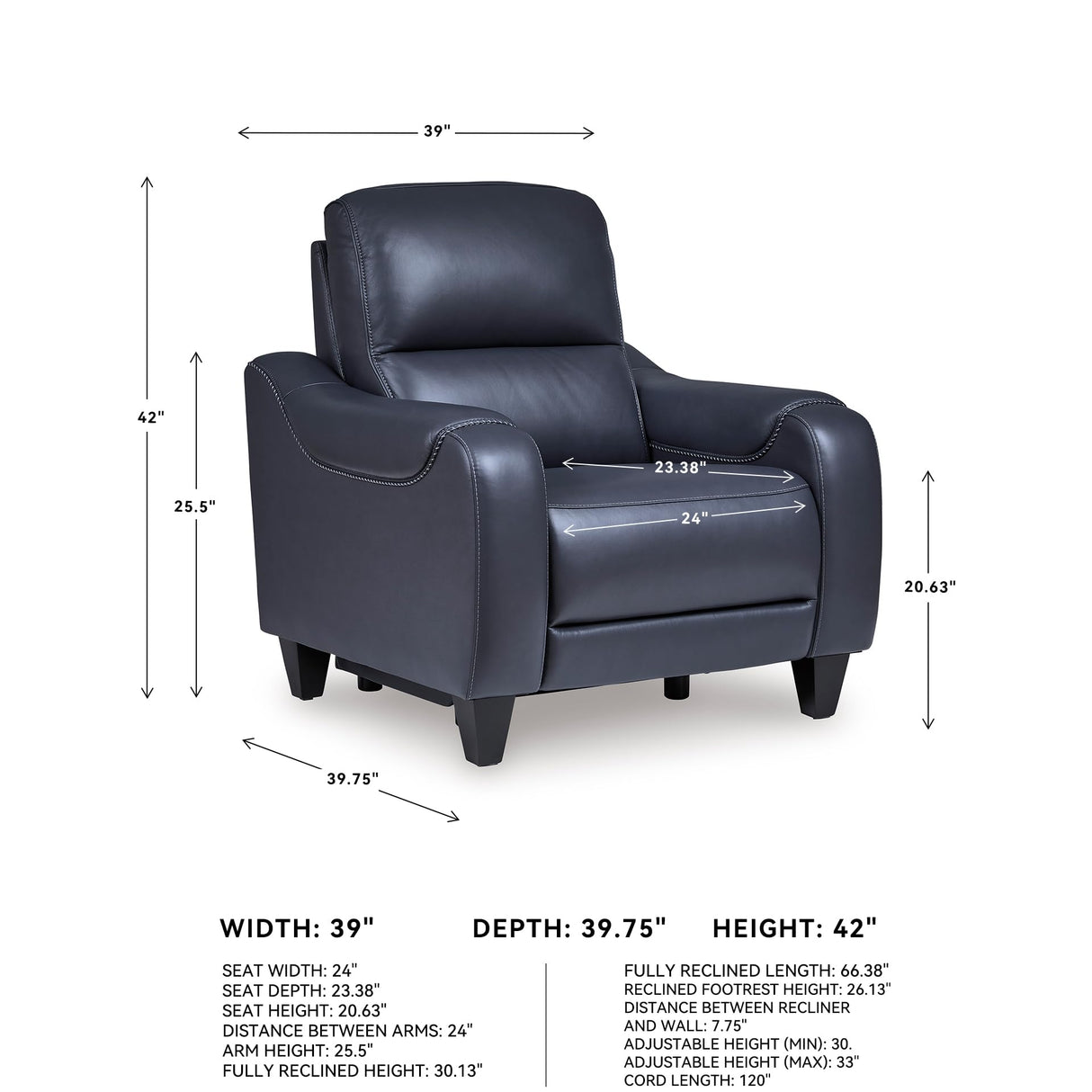 Signature Design by Ashley Mercomatic Contemporary Leather Match Wall Hugger Power Recliner with Adjustable Headrest and USB Ports, Blue Signature Design by Ashley