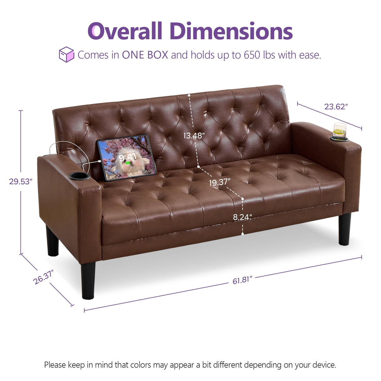 TYBOATLE 62" W Brown Leather Loveseat w/ 2 USB and 2 Cupholders, Mid-Century Modern Tufted Small Love Seat Couches for Office, Living Room, Bedroom, Dorm (1, Brown) TYBOATLE