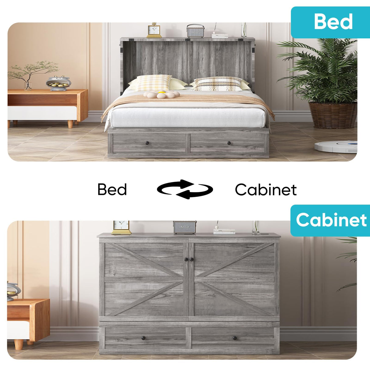 CECER Queen Size Murphy Bed with Tri-Folding Mattress，Murphy Bed with Charging Station and 2 Large Storage Drawers for Small Spaces/Bedroom（Grey） CECER