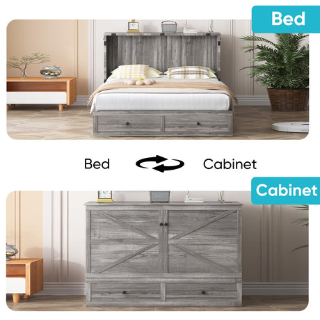 CECER Queen Size Murphy Bed with Tri-Folding Mattress，Murphy Bed with Charging Station and 2 Large Storage Drawers for Small Spaces/Bedroom（Grey） CECER