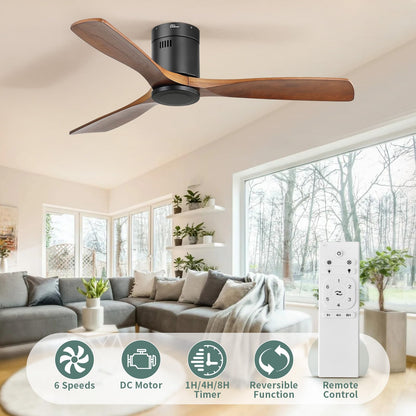 Sofucor 52 Inch Ceiling Fan Without Lights Flush Mount Ceiling Fan with Remote Control, Wood Blades Modern Outdoor Ceiling Fan No Light for Bedroom/Farmhouse/Patio/Indoor