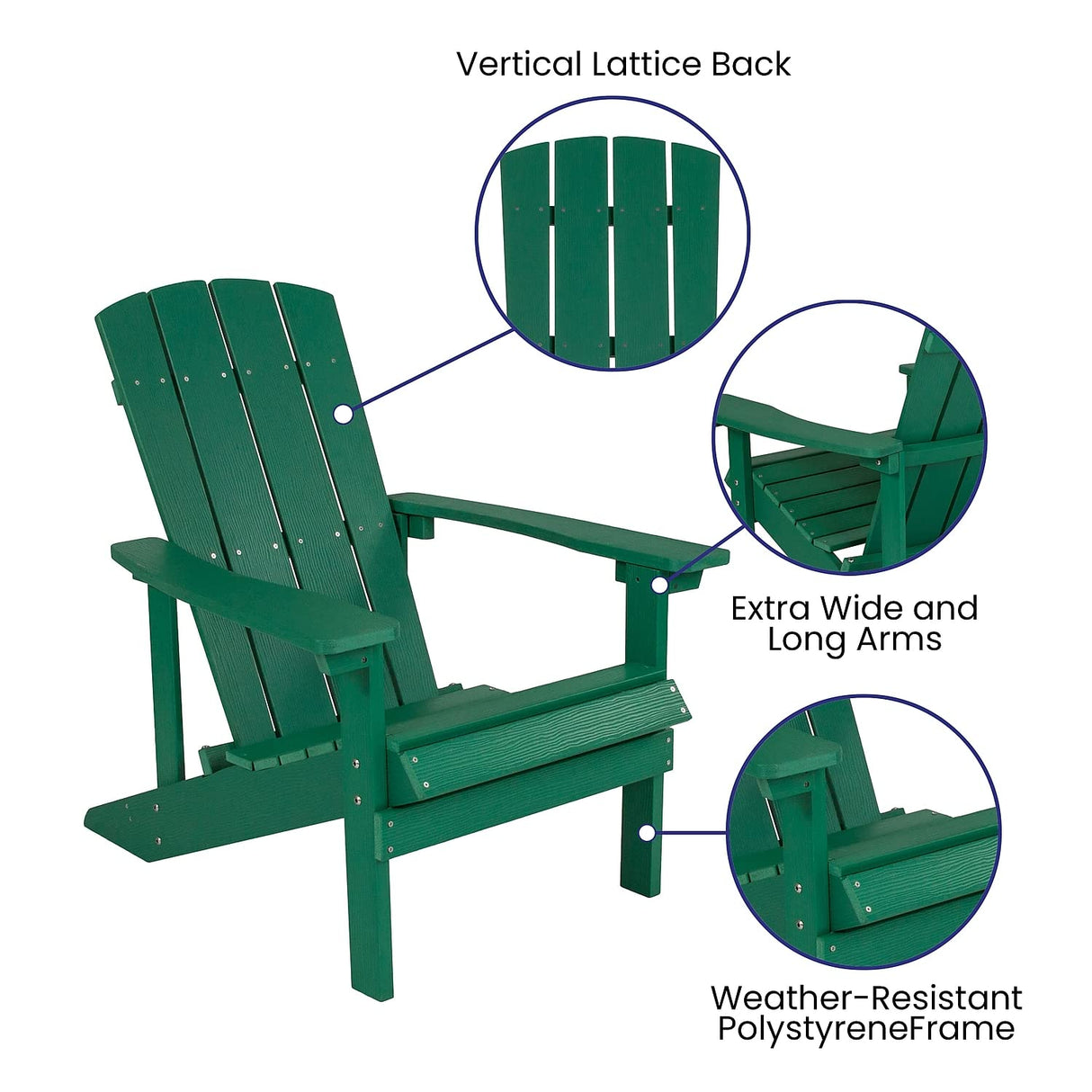 Flash Furniture Charlestown Commercial Grade Indoor/Outdoor Adirondack Chair, Weather Resistant Durable Poly Resin Deck and Patio Seating, Green Flash Furniture
