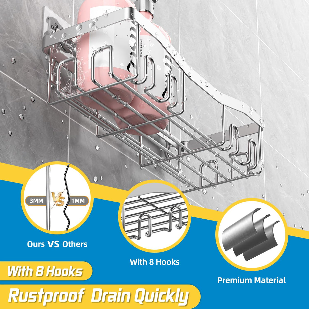 Youvip Adhesive Shower Caddy, No Drilling Bath Organizers 5 Pack, Rustproof Shelves with Soap Holder & Toothbrush Holder, Bathroom Organizers and Storage, Silver Youvip