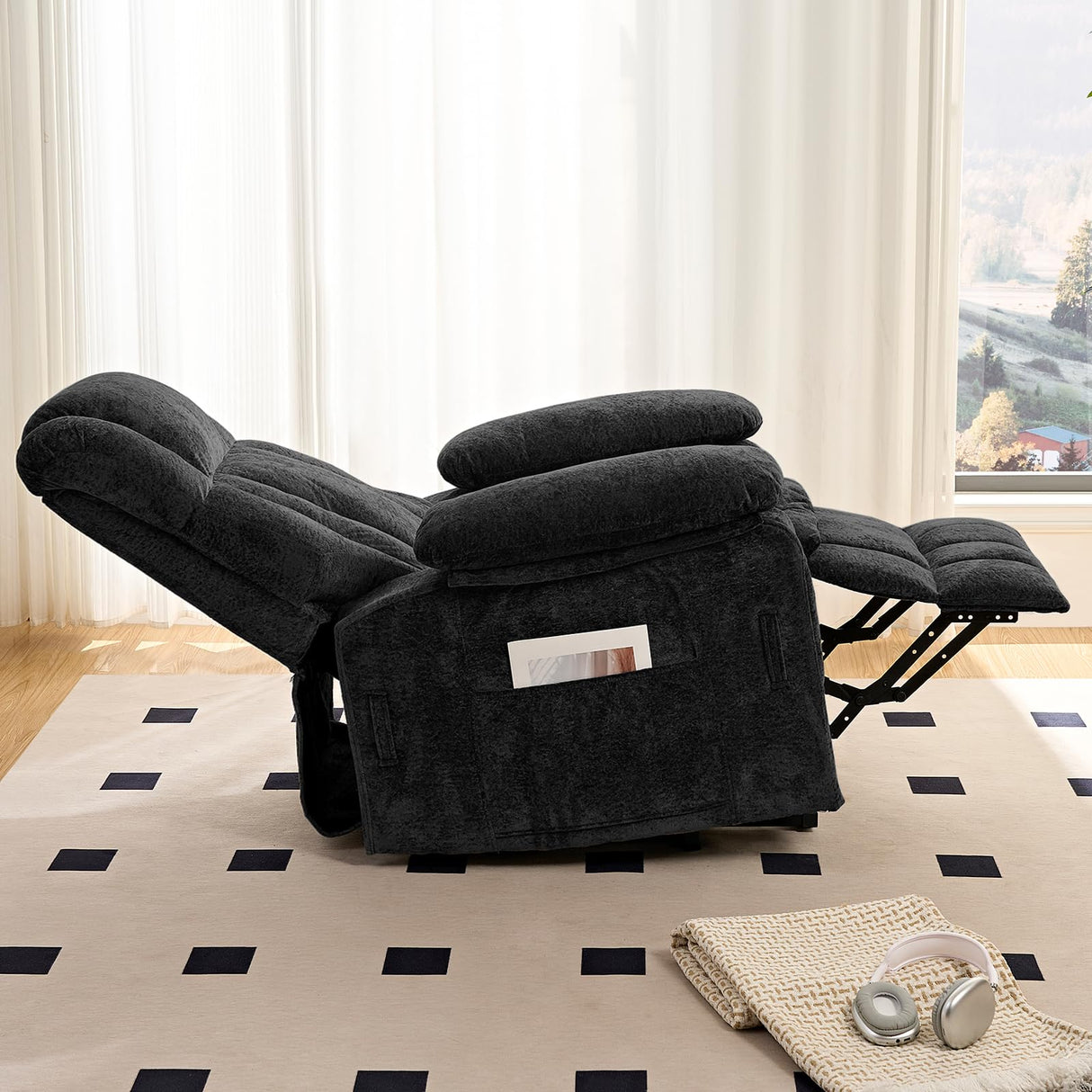 PUREMIND Power Lift Recliner Chair for Elderly, Dual Motor Electric Reclining Chairs with Massage and Heat - Velvet Fabric, Strong Support, Black PUREMIND