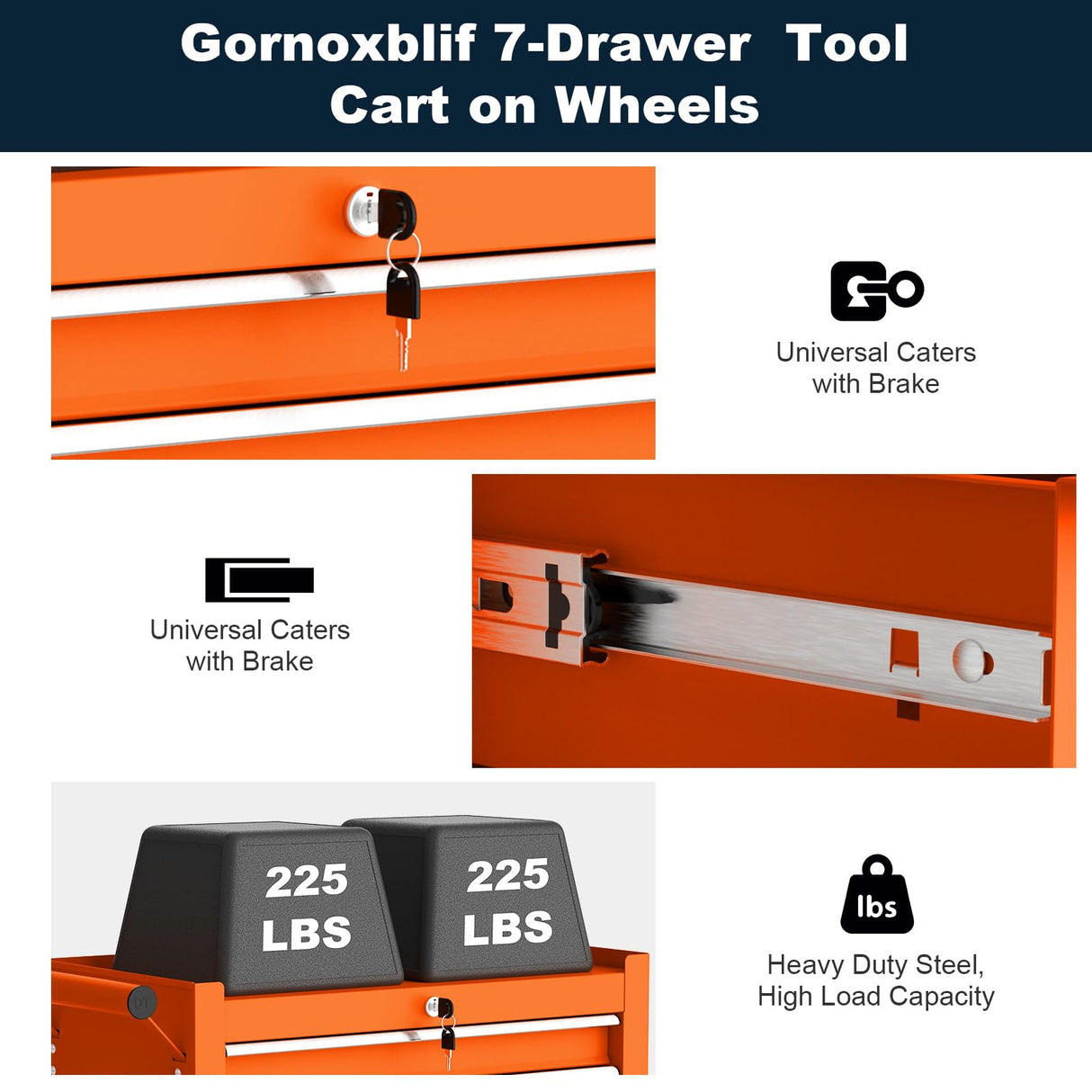 Gornoxblif 7-Drawers Orange Metal Rolling Tool Chest with Wheels,Tool Storage Cabinet with Locking System，Toolbox with Wheels for Garage, Warehouse, Workshop, Repair Shop Gornoxblif