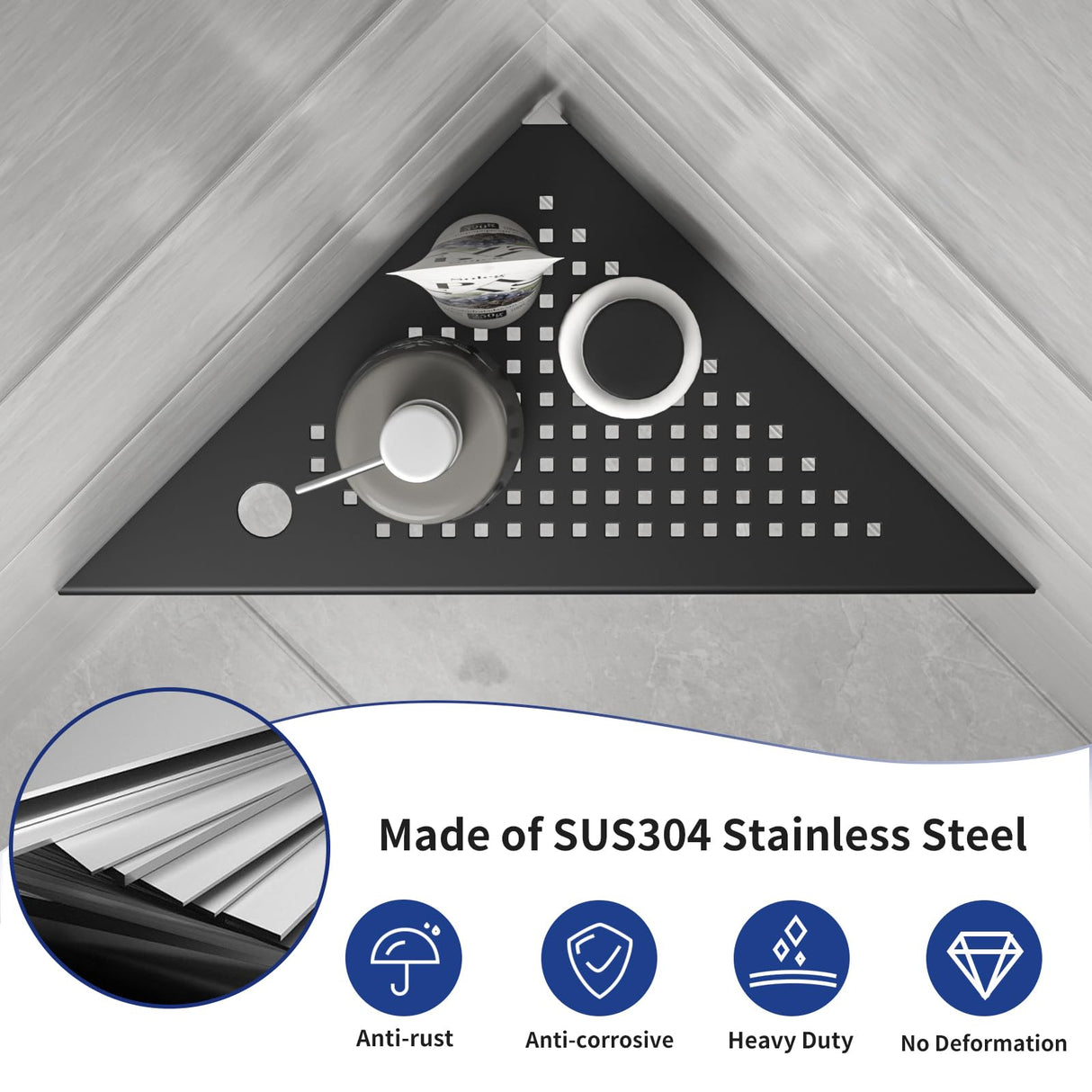 Bernkot 10'' Corner Shower Shelf w/Soap Holder, 304 Stainless Steel Grout in Shelf for Bathroom, Recessed Shelf Rack for Tiled Wall, No Drilling Needed (Black) Bernkot